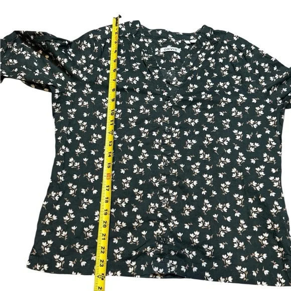 Orvis Women’s Large Dark Green Cotton Button-Down Blouse White Floral Print - Picture 4 of 8